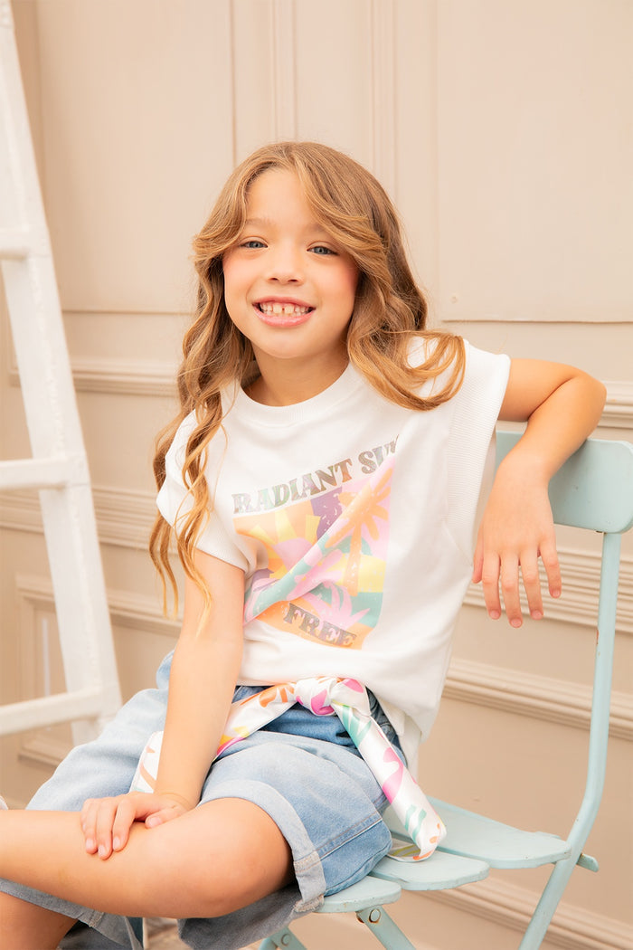 33025 SET NIÑA JUNIOR- SHORT DENIM RIGIDO CON PAÑUELETA-BLUSA ALGODÓN