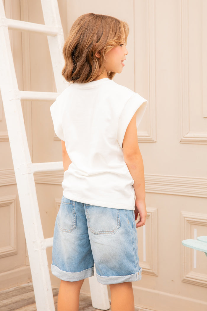 33025 SET NIÑA JUNIOR- SHORT DENIM RIGIDO CON PAÑUELETA-BLUSA ALGODÓN