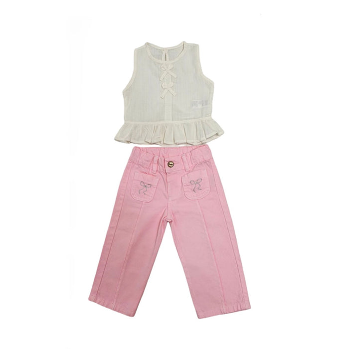 62013 CONJUNTO NIÑA BEBÉ - OVEROL DENIM CORTO Y CAMISETA VOLANTES