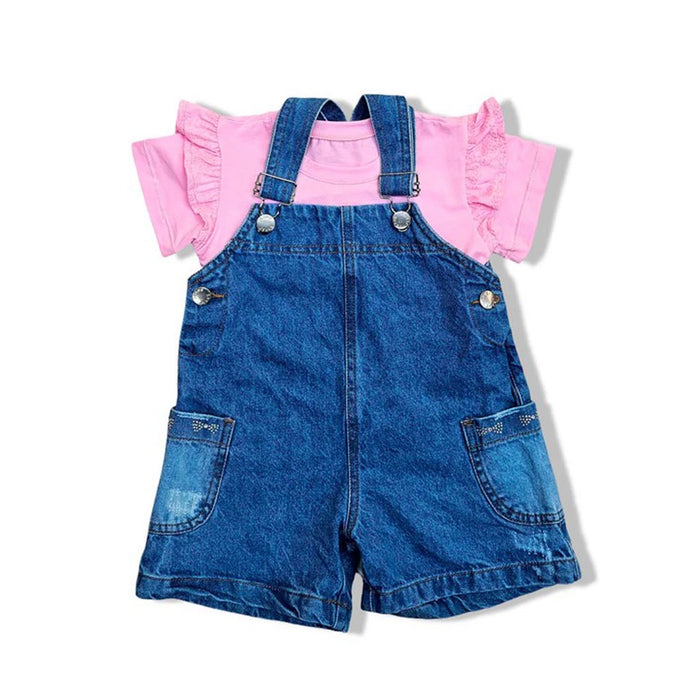 62013 CONJUNTO NIÑA BEBÉ - OVEROL DENIM CORTO Y CAMISETA VOLANTES