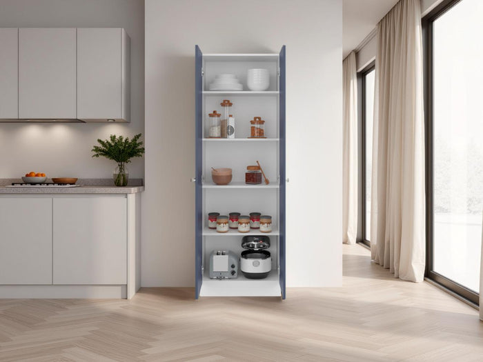 ALACENA MULTIUSOS BENNA, BLANCO KRONOS Y AZUL, CON VARIEDAD DE ENTREPAÑOS