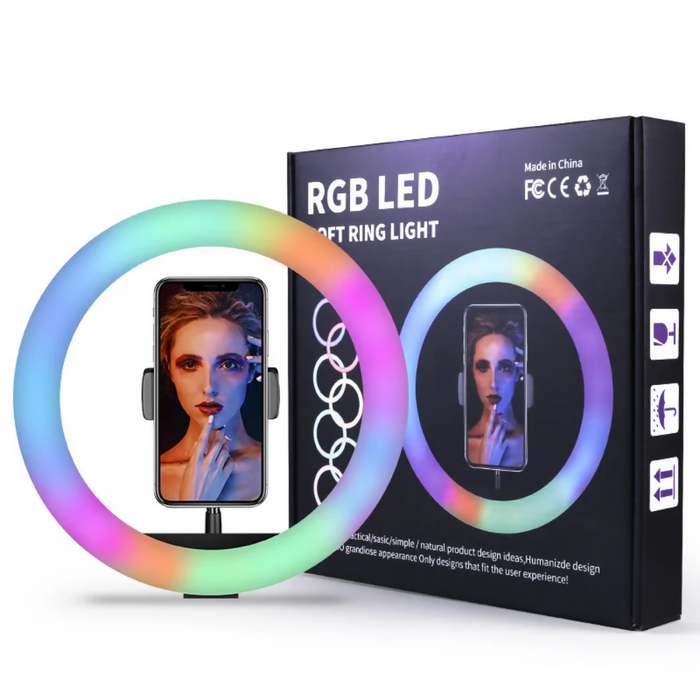 ARO DE LUZ 26 CM RGB LED CON TRÍPODE PROFESIONAL 2 MTS