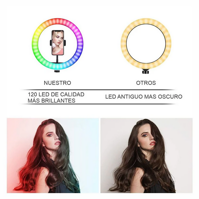 ARO DE LUZ 26 CM RGB LED CON TRÍPODE PROFESIONAL 2 MTS
