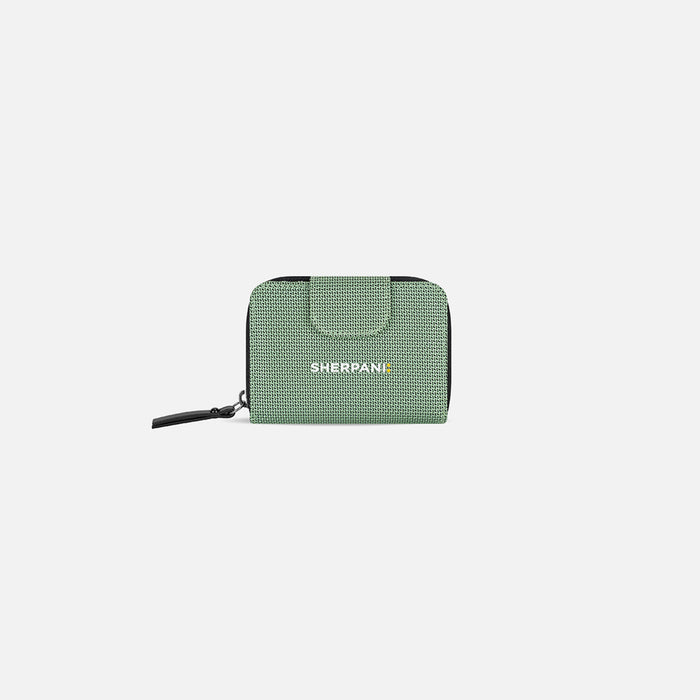 A Sherpani Barcelona Aloe Mist Green Anti-theft RFID Mini Wallet, front view showing clasp on white background. #color_aloe-mist-green