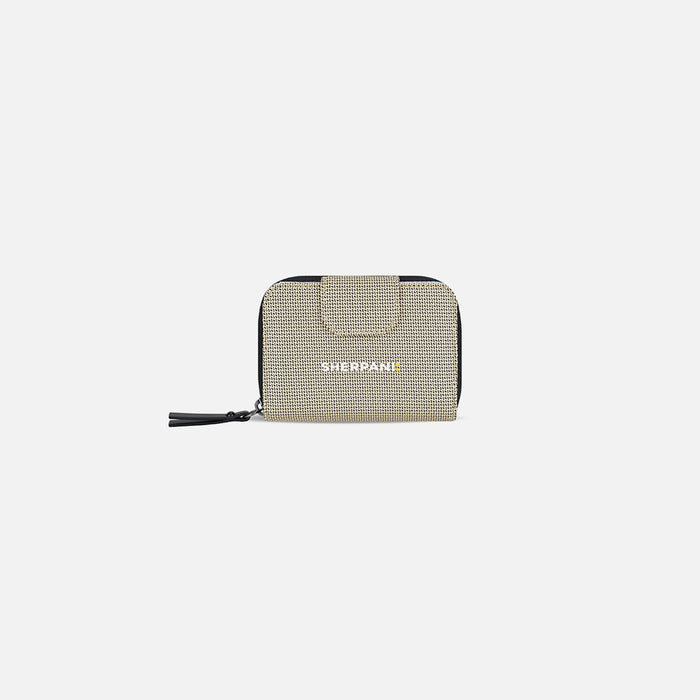 A Sherpani Barcelona Straw Beige Anti-theft RFID Mini Wallet, front view showing clasp on white background.   #color_straw-beige