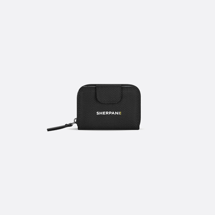 A Sherpani Barcelona Carbon Black Anti-Theft Mini Wallet, front view showing clasp on white background. #color_carbon-black