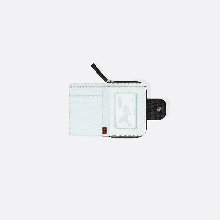 A Sherpani Barcelona Carbon Black Anti-theft Mini Wallet, above view showing inside wallet on white backdrop.   #color_carbon-black
