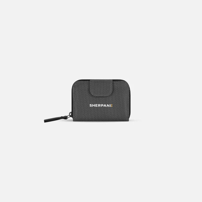 A Sherpani Barcelona Granite Anti-Theft Mini Wallet, front view showing clasp on white background.  #color_granite-grey