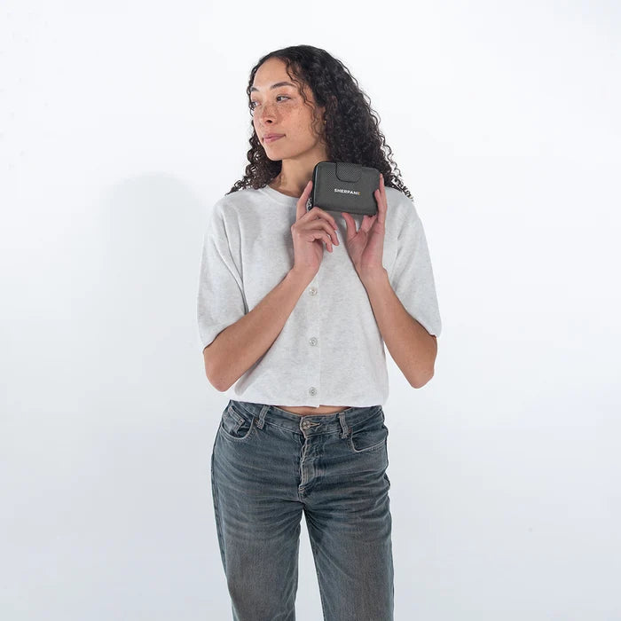 Woman holding a Sherpani Barcelona Granite Anti-Theft Mini Wallet on white backdrop.  #color_granite-grey