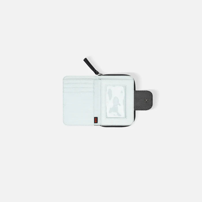 A Sherpani Barcelona Granite Anti-theft Mini Wallet, above view showing inside wallet on white backdrop.    #color_granite-grey