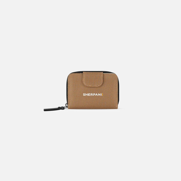 A Sherpani Barcelona Sand Anti-Theft Mini Wallet, front view showing clasp on white background. #color_sand-tan