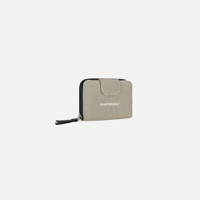 A Sherpani Barcelona Straw Beige Anti-theft RFID Mini Wallet, 3/4 view showing clasp on white background. #color_straw-beige