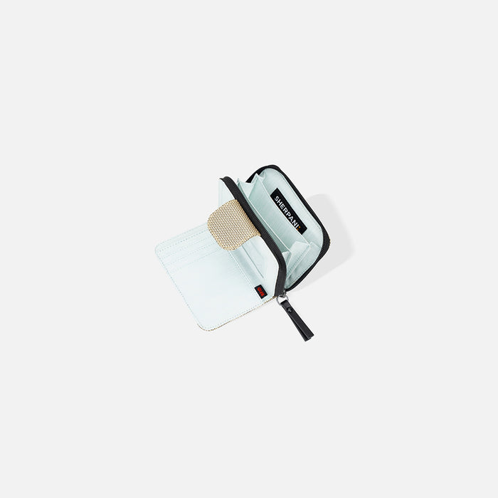 A Sherpani Barcelona Straw Beige Anti-theft RFID Mini Wallet, above view showing inside wallet on white backdrop.  #color_straw-beige