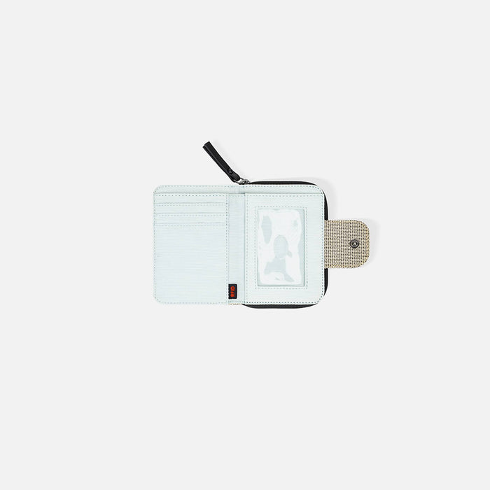 A Sherpani Barcelona Straw Beige Anti-theft RFID Mini Wallet, above view showing inside wallet on white backdrop.   #color_straw-beige