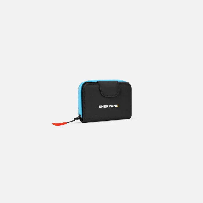 A Sherpani Barcelona Chromatic Black RFID Mini Wallet, 3/4 view showing clasp on white background.  #color_chromatic-black