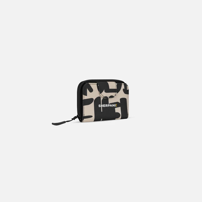 A Sherpani Barcelona Ciao RFID Mini Wallet, 3/4 view showing clasp on white background.  #color_ciao-print