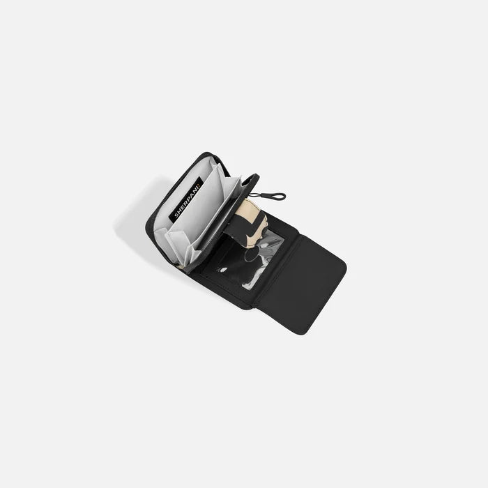 A Sherpani Barcelona Ciao RFID Mini Wallet, above view showing inside wallet on white backdrop.  #color_ciao-print