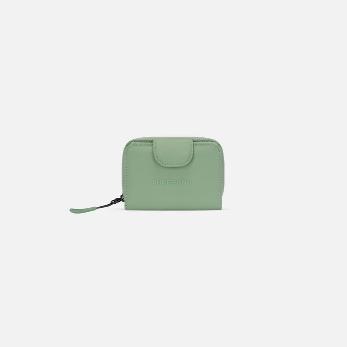 A Sherpani Barcelona Olivine RFID Mini Wallet, front view showing clasp on white background. #color_olivine-green