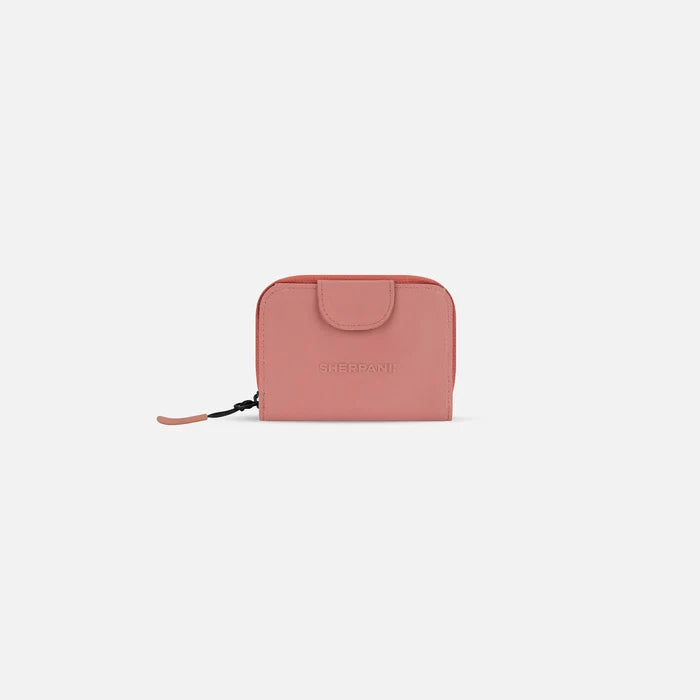 A Sherpani Barcelona Desert Pink RFID Mini Wallet, front view showing clasp on white background. #color_desert-pink