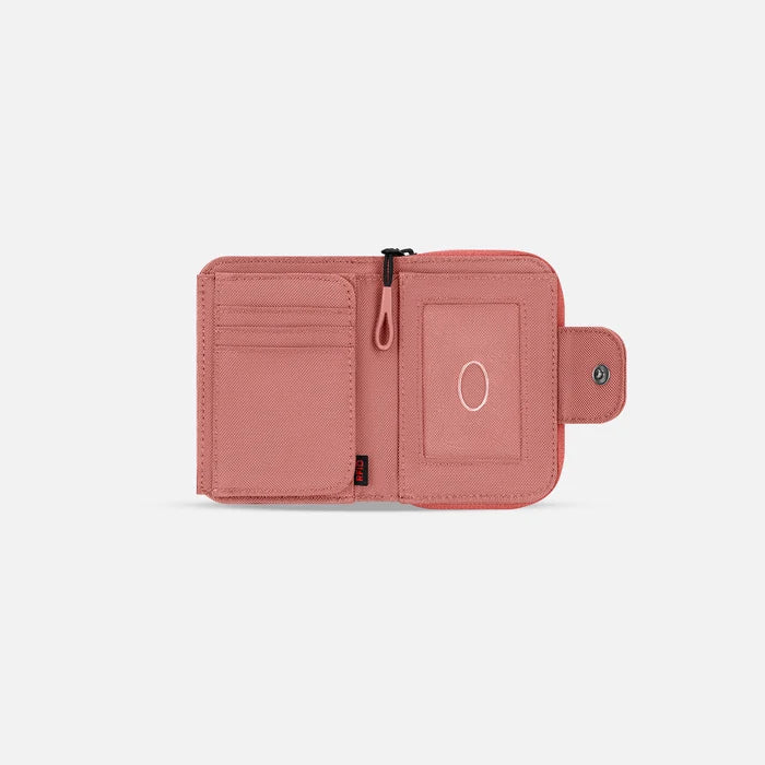 A Sherpani Barcelona Desert Pink RFID Mini Wallet, above view showing inside wallet on white backdrop.  #color_desert-pink