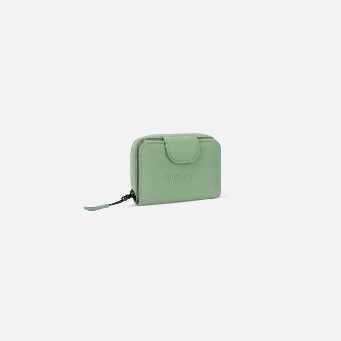 A Sherpani Barcelona Olivine RFID Mini Wallet, 3/4 view showing clasp on white background.  #color_olivine-green