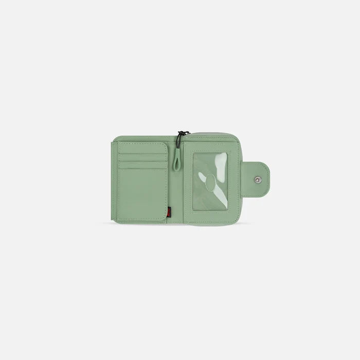 A Sherpani Barcelona Olivine RFID Mini Wallet, above view showing inside wallet on white backdrop.  #color_olivine-green
