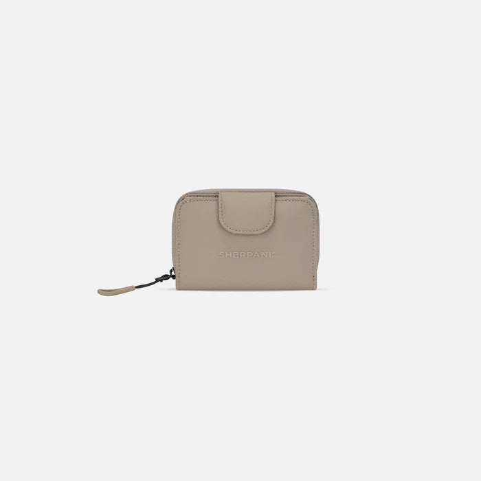 A Sherpani Barcelona Dune RFID Mini Wallet, front view showing clasp on white background. #color_dune-tan