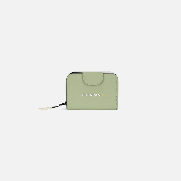 A Sherpani Barcelona Palm Green RFID Mini Wallet, front view showing clasp on white background. #color_palm-green