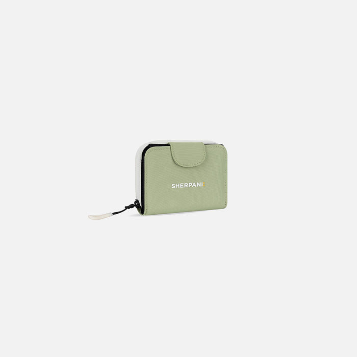 A Sherpani Barcelona Palm Green RFID Mini Wallet, 3/4 view showing clasp on white background.  #color_palm-green