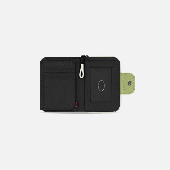 A Sherpani Barcelona Palm Green RFID Mini Wallet, above view showing inside wallet on white backdrop. #color_palm-green