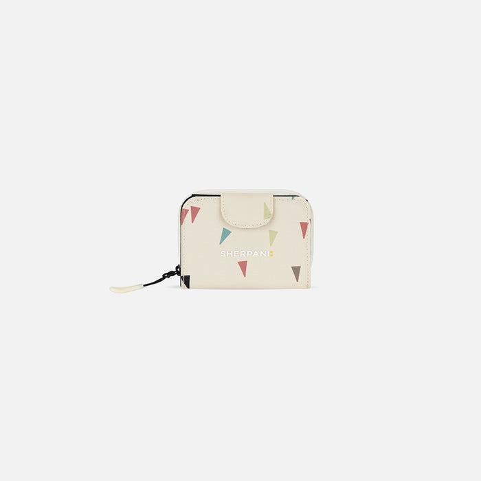 A Sherpani Barcelona Terrazzo Print RFID Mini Wallet, front view showing clasp on white background. #color_terrazzo-print