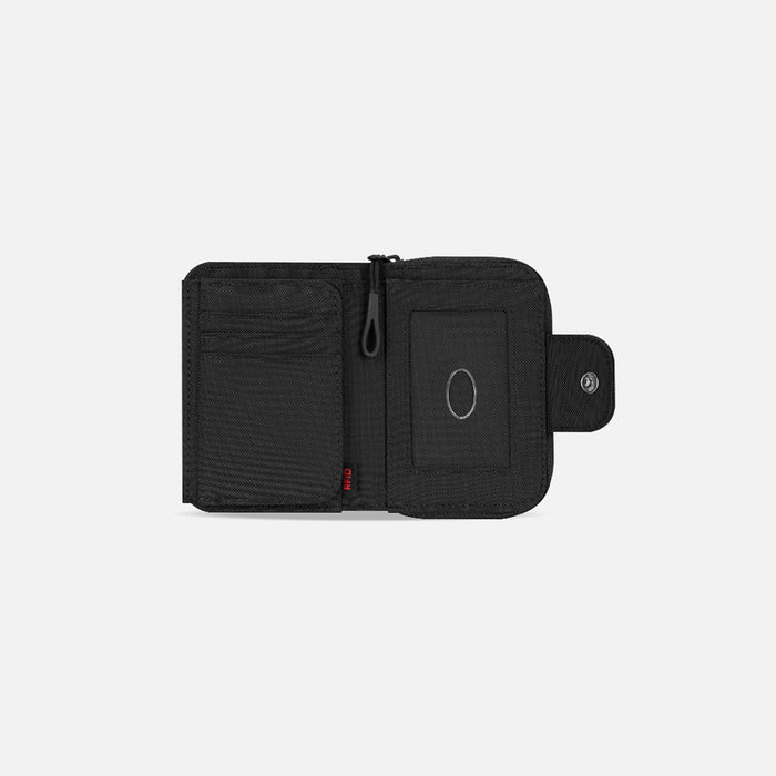 A Sherpani Barcelona Raven Black RFID Mini Wallet, above view showing inside wallet on white backdrop.  #color_raven-black