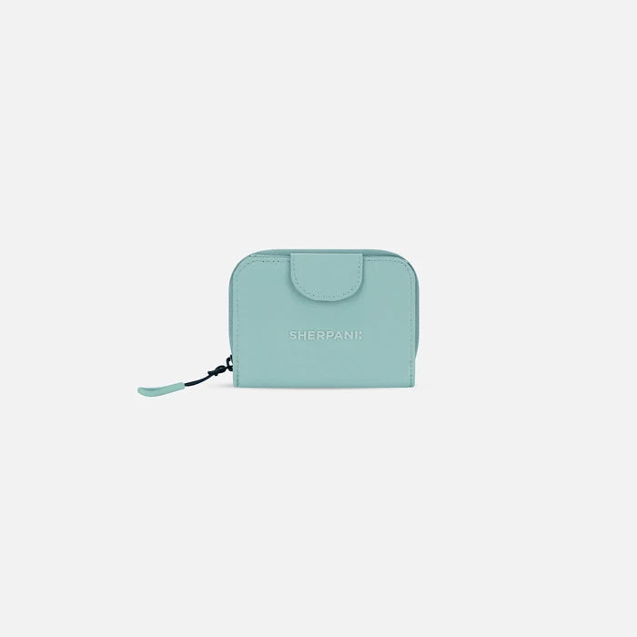 A Sherpani Barcelona Surf Blue RFID Mini Wallet, front view showing clasp on white background. #color_surf-blue