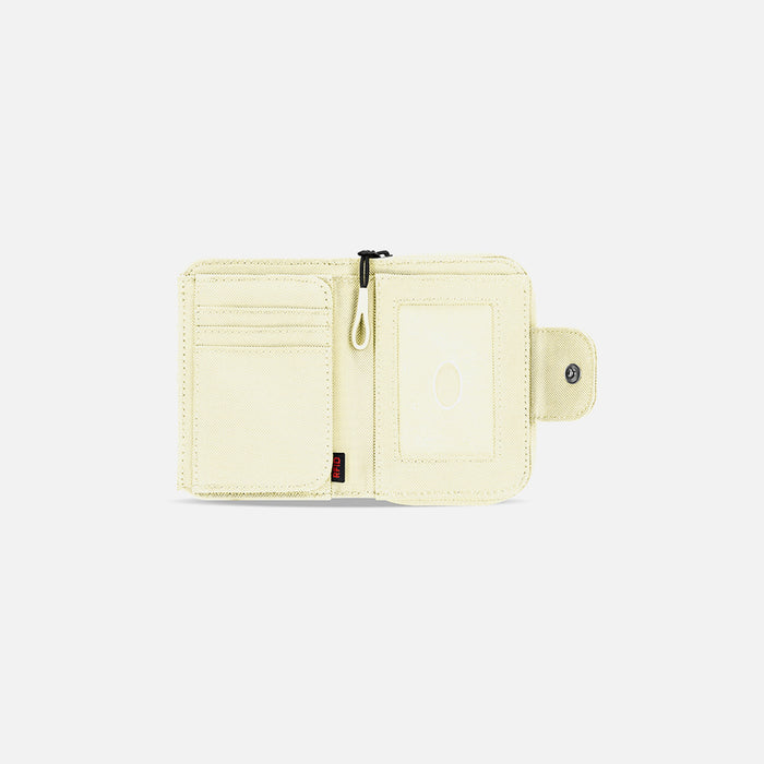 A Sherpani Barcelona Sol Yellow RFID Mini Wallet, above view showing inside wallet on white backdrop. #color_sol-yellow