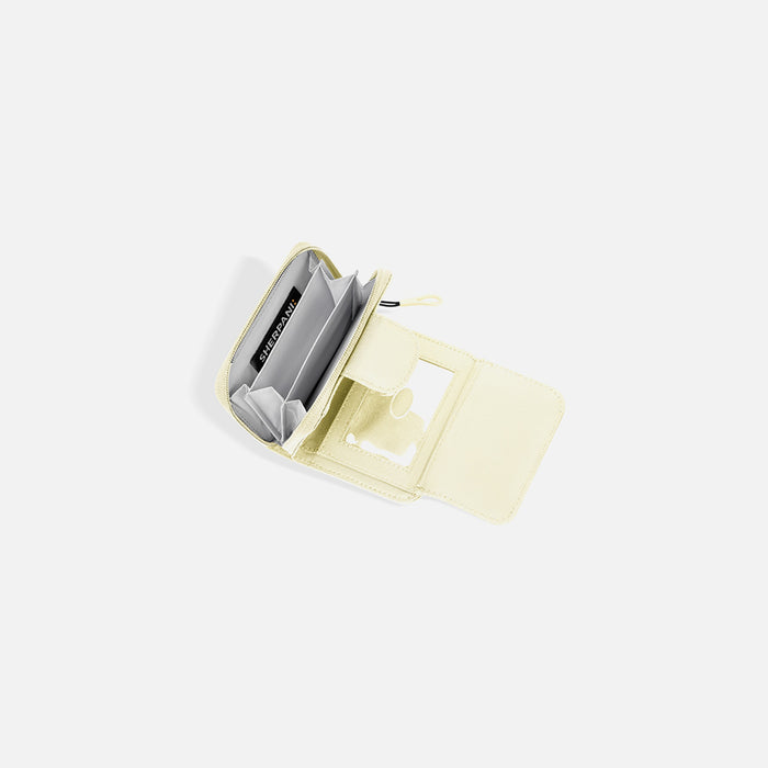 A Sherpani Barcelona Sol Yellow RFID Mini Wallet, above view showing inside wallet on white backdrop.    #color_sol-yellow