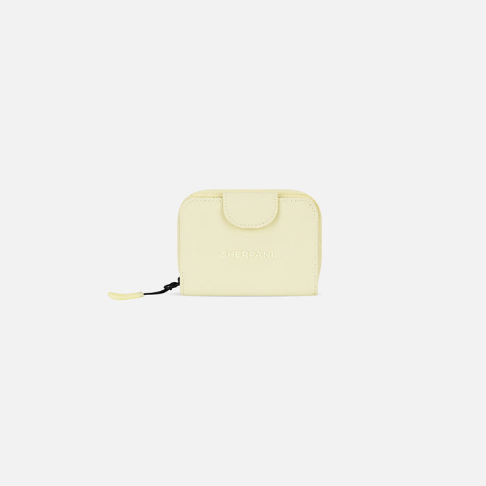 A Sherpani Barcelona Sol Yellow RFID Mini Wallet, front view showing clasp on white background.  #color_sol-yellow