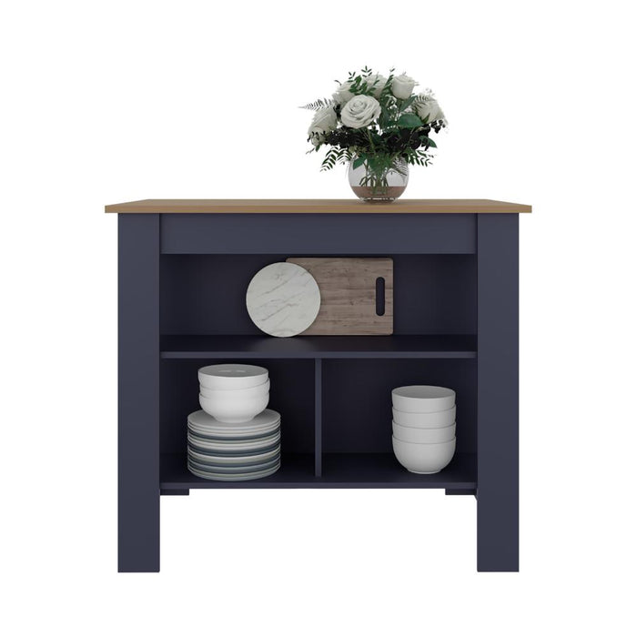 BARRA DE COCINA CALA, KRONOS AZUL Y FRESNO EUROPEO, CON AMPLIA SUPERFICIE EN LA MESA