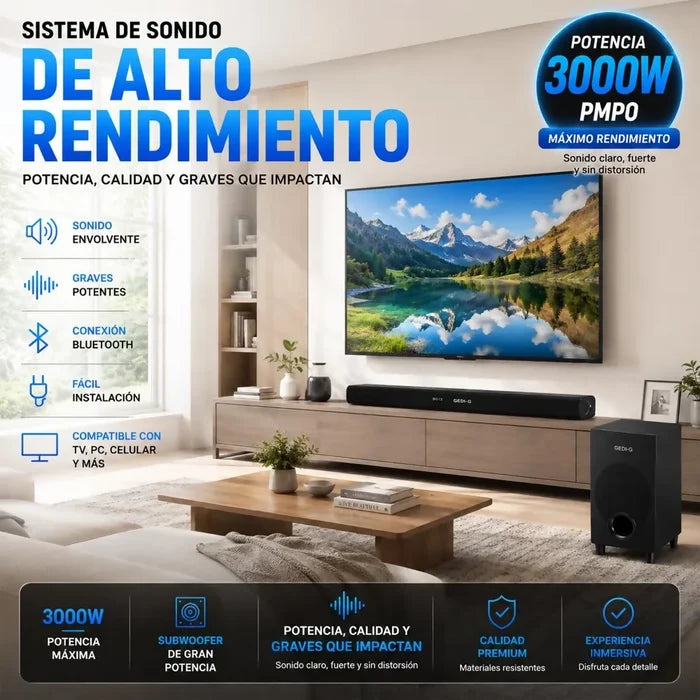 BARRA SONIDO TEATRO EN CASA 2.1 SUBWOOFER BLUETOOTH CON BAJOS PROFUNDOS CINE EN CASA