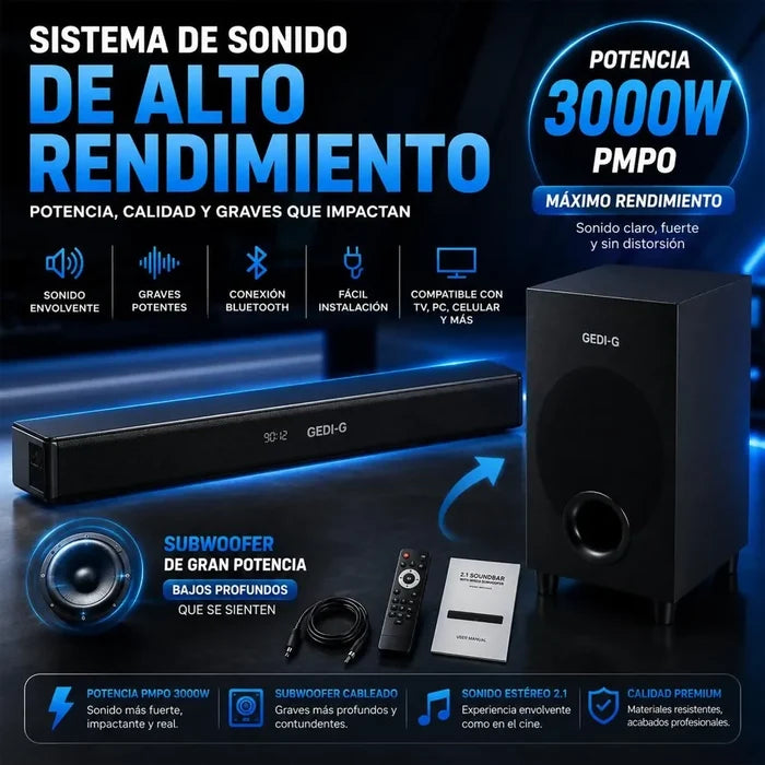 BARRA SONIDO TEATRO EN CASA 2.1 SUBWOOFER BLUETOOTH CON BAJOS PROFUNDOS CINE EN CASA