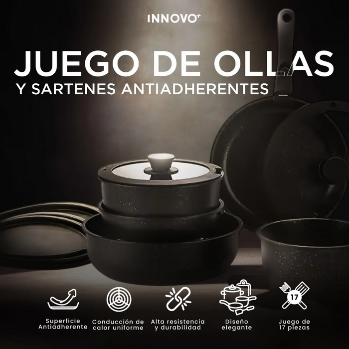 BATERÍA DE COCINA JUEGO DE OLLAS REVESTIMIENTO GRANITO 17 PCS