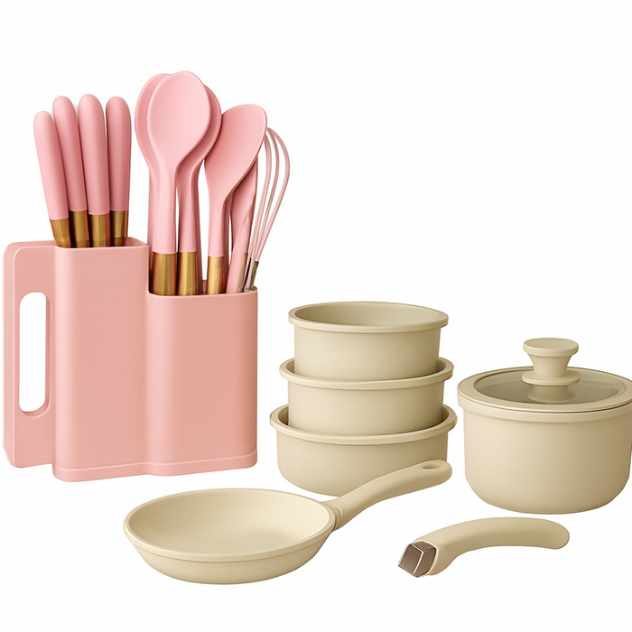 BATERÍA OLLAS MÁRMOL MANGO DESMONTABLE 11PCS REGALO SET UTENSILIOS HUESO