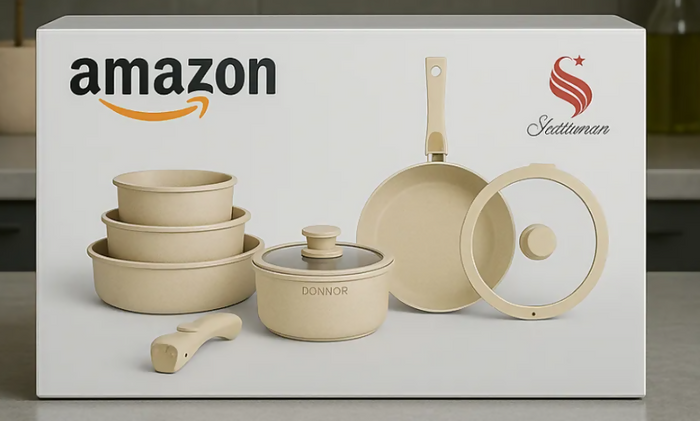 BATERÍA OLLAS MÁRMOL MANGO DESMONTABLE 11PCS REGALO SET UTENSILIOS HUESO