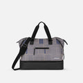 A Sherpani Boston Passport Anti-theft Weekender, front view showing lockable pocket & strap options on white backdrop.  #color_passport-print