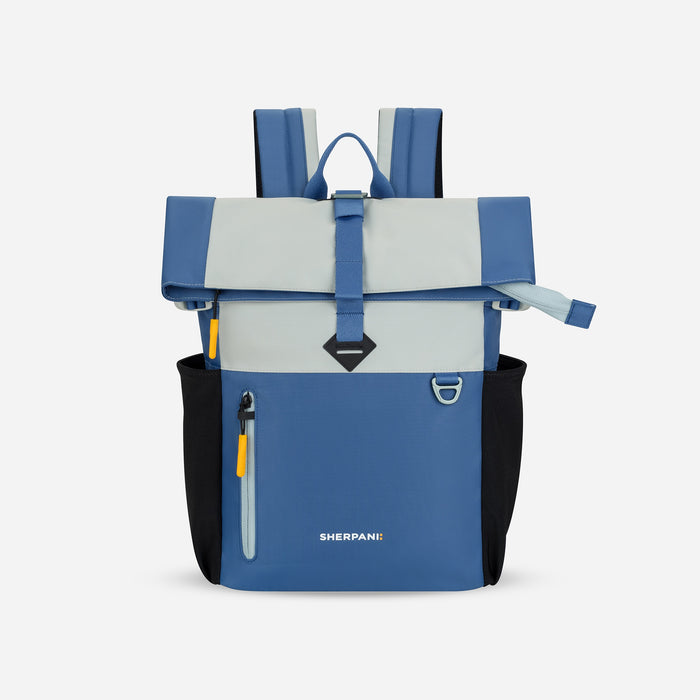 A Sherpani Cabo Seastone Day Pack, front view showing lockable zipper and fold-over pocket against a white background.  #color_seastone