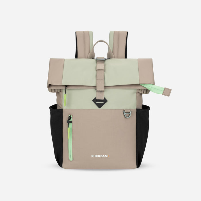 A Sherpani Cabo Desert Aloe Day Pack, front view showing lockable zipper and fold-over pocket against a white background.  #color_desert-aloe