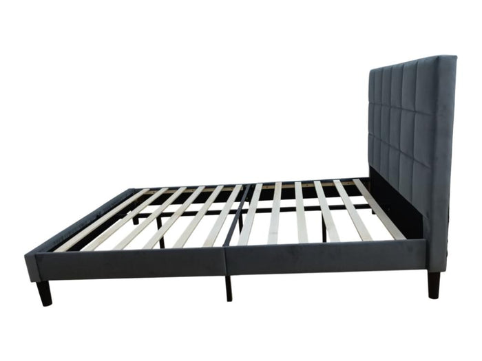 Cama Doble Vertex, Gris Oscuro, Madera roble tapizada