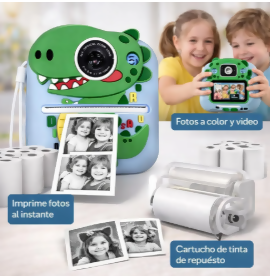 CÁMARA INFANTIL INSTANTÁNEA CON IMPRESORA DINOSAURIO COLOR VERDE