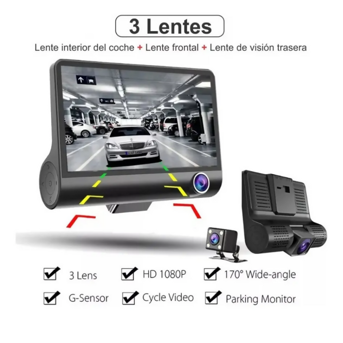 CÁMARA PARA CARRO DVR 3 LENTES 1080P FULL HD DASH CAM 3 EN 1