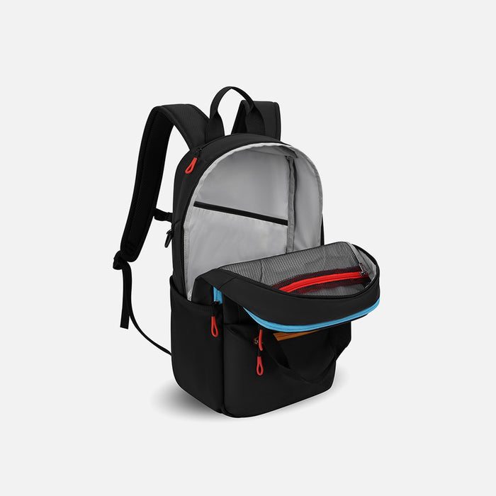 A Sherpani Camden Chromatic Black Backpack, 3/4 view showing inside of main pocket on a white background.  #color_chromatic-black
