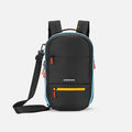 A Sherpani Camden Chromatic Black  Ultimate Backpack, front view showing various pockets and strap options on white backdrop.  #color_chromatic-black